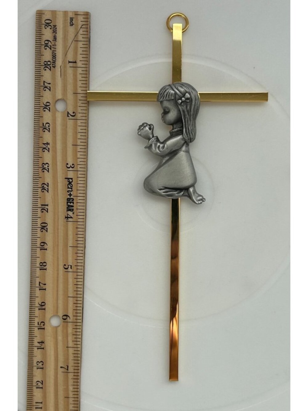 Gold Tone Wall Cross w/ Praying Child Pewter Religious Christian Jesus Heaven 7"